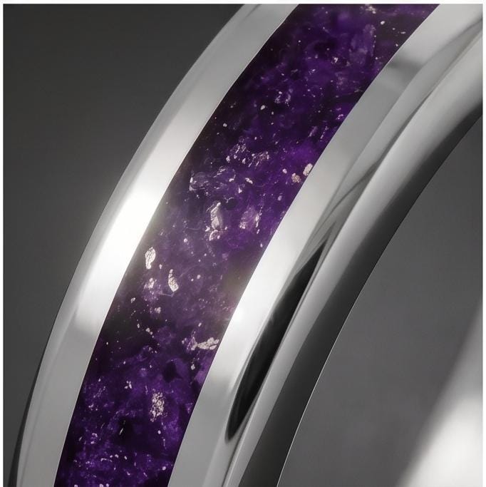 Men Amethyst Silver Ring ~ Purple Anniversary Promise Ring Gift for Couple ~ Tungsten Carbide Wedding Band ~ Unisex Festival 