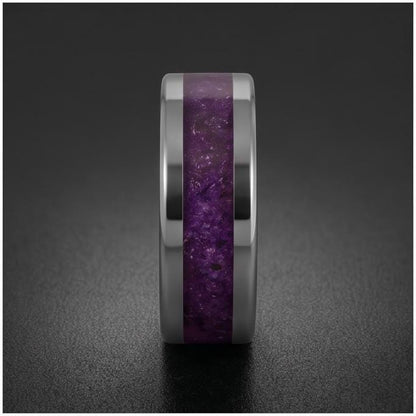 Men Amethyst Silver Ring ~ Purple Anniversary Promise Ring Gift for Couple ~ Tungsten Carbide Wedding Band ~ Unisex Festival 