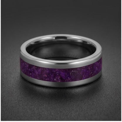 Men Amethyst Silver Ring ~ Purple Anniversary Promise Ring Gift for Couple ~ Tungsten Carbide Wedding Band ~ Unisex Festival 