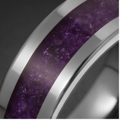 Men Amethyst Silver Ring ~ Purple Anniversary Promise Ring Gift for Couple ~ Tungsten Carbide Wedding Band ~ Unisex Festival 
