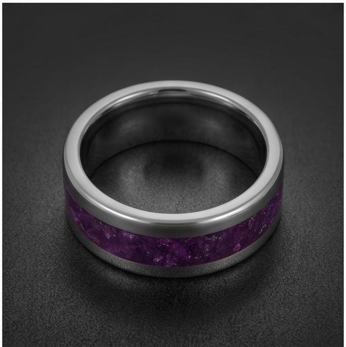 Men Amethyst Silver Ring ~ Purple Anniversary Promise Ring Gift for Couple ~ Tungsten Carbide Wedding Band ~ Unisex Festival 