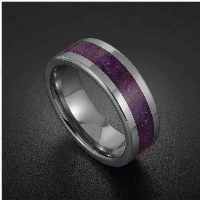 Men Amethyst Silver Ring ~ Purple Anniversary Promise Ring Gift for Couple ~ Tungsten Carbide Wedding Band ~ Unisex Festival 