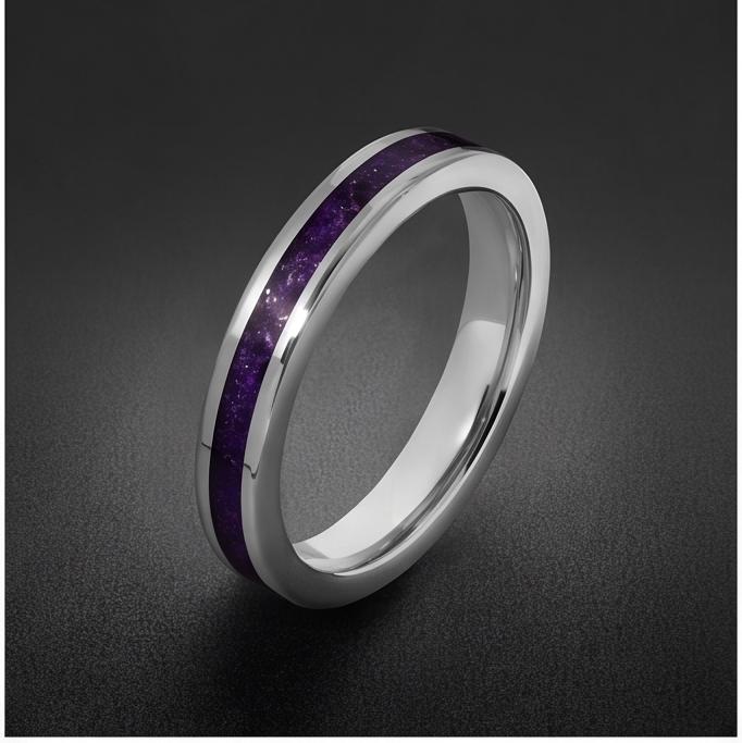 Silver Tungsten Ring with Amethyst | Purple Gemstone Statement Jewelry ~ Durable Everyday Band for Her, Unique Anniversary Gi