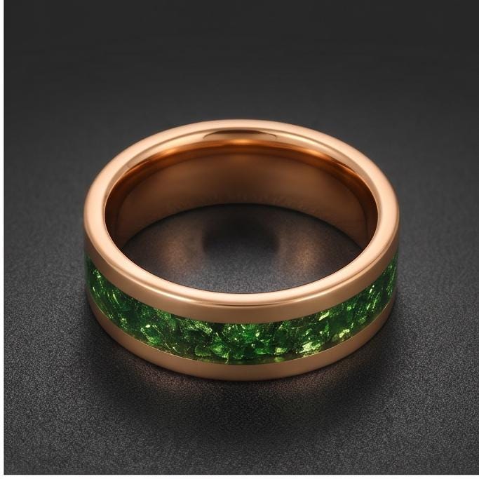 Gold Tungsten Emerald Ring with Deep Green Stone | Polished Minimalist Wedding Band ~ Luxury Promise Ring or Emerald Birthday