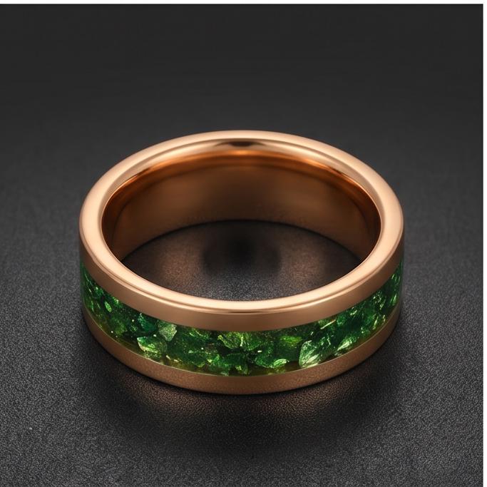 Gold Tungsten Emerald Ring with Deep Green Stone | Polished Minimalist Wedding Band ~ Luxury Promise Ring or Emerald Birthday