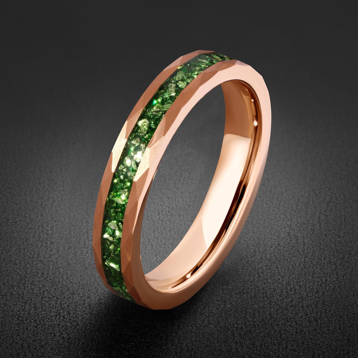 Mens Green Emerald Ring ~ Hammered Tungsten Ring (8mm, 4mm) ~ Rose Gold Wedding Band ~ Emerald Jewelry Gift for Her ~ Modern 