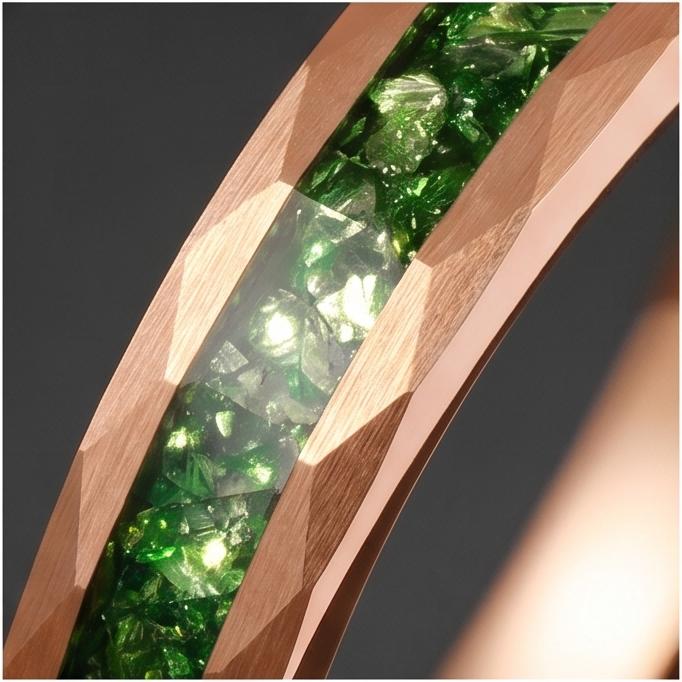 Mens Green Emerald Ring ~ Hammered Tungsten Ring (8mm, 4mm) ~ Rose Gold Wedding Band ~ Emerald Jewelry Gift for Her ~ Modern 