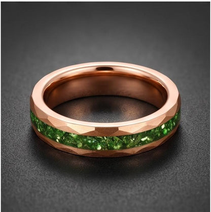 Mens Green Emerald Ring ~ Hammered Tungsten Ring (8mm, 4mm) ~ Rose Gold Wedding Band ~ Emerald Jewelry Gift for Her ~ Modern 