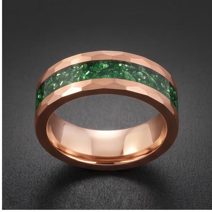 Mens Green Emerald Ring ~ Hammered Tungsten Ring (8mm, 4mm) ~ Rose Gold Wedding Band ~ Emerald Jewelry Gift for Her ~ Modern 