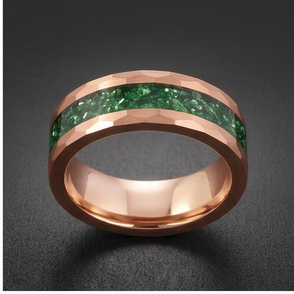 Mens Green Emerald Ring ~ Hammered Tungsten Ring (8mm, 4mm) ~ Rose Gold Wedding Band ~ Emerald Jewelry Gift for Her ~ Modern 