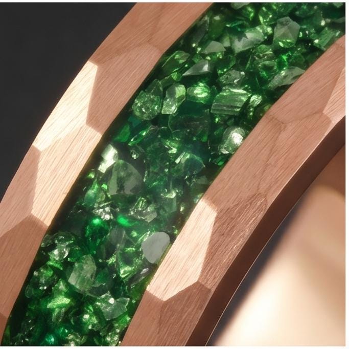 Mens Green Emerald Ring ~ Hammered Tungsten Ring (8mm, 4mm) ~ Rose Gold Wedding Band ~ Emerald Jewelry Gift for Her ~ Modern 