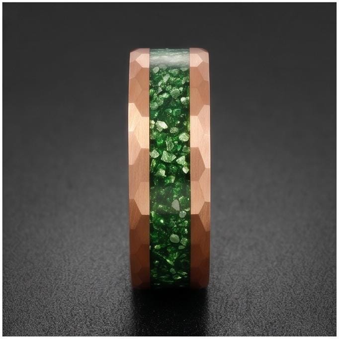Mens Green Emerald Ring ~ Hammered Tungsten Ring (8mm, 4mm) ~ Rose Gold Wedding Band ~ Emerald Jewelry Gift for Her ~ Modern 