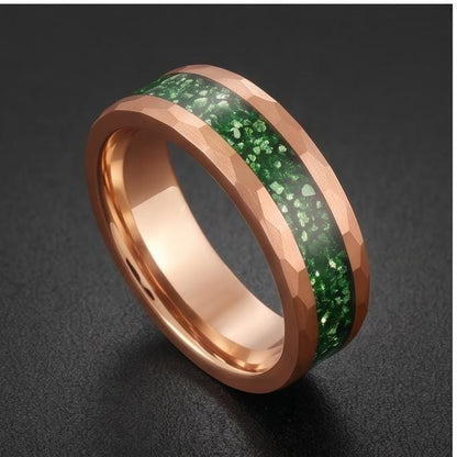 Mens Green Emerald Ring ~ Hammered Tungsten Ring (8mm, 4mm) ~ Rose Gold Wedding Band ~ Emerald Jewelry Gift for Her ~ Modern 