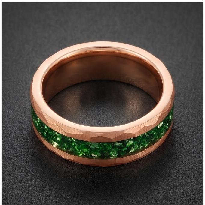 Mens Green Emerald Ring ~ Hammered Tungsten Ring (8mm, 4mm) ~ Rose Gold Wedding Band ~ Emerald Jewelry Gift for Her ~ Modern 