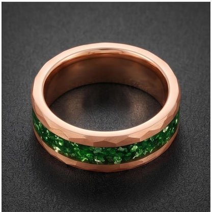 Mens Green Emerald Ring ~ Hammered Tungsten Ring (8mm, 4mm) ~ Rose Gold Wedding Band ~ Emerald Jewelry Gift for Her ~ Modern 