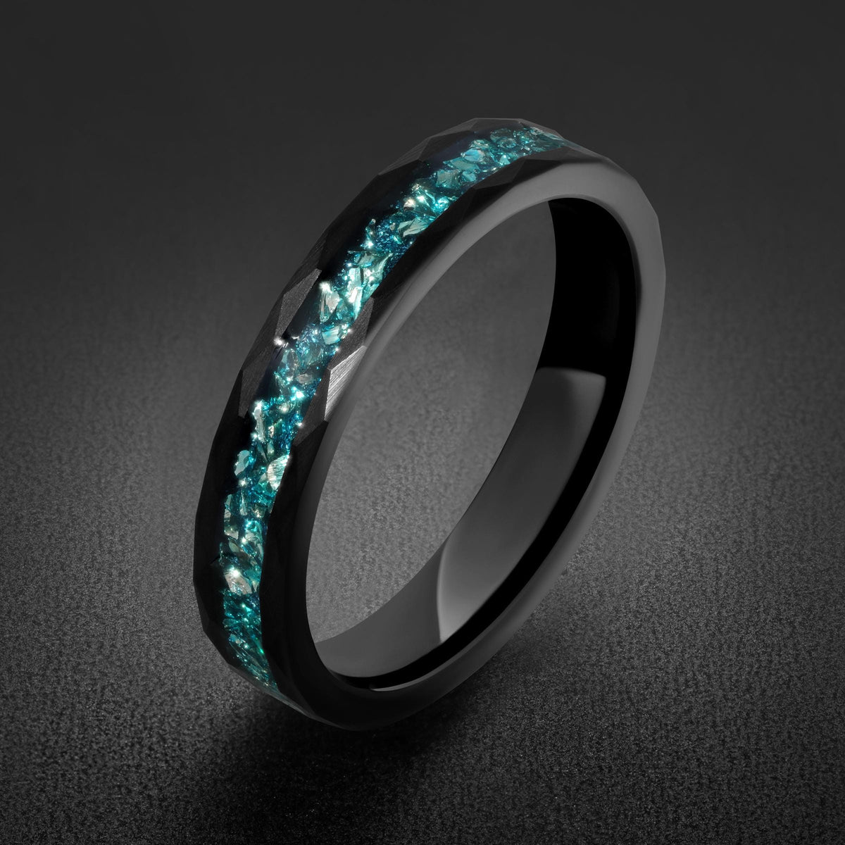 Black Tungsten Carbide Ring with Aquamarine - Hammered Aquamarine Jewelry ~ Aquamarine Wedding Band ~ Cool Festival Jewelry f