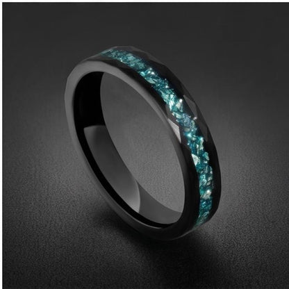 Aquamarine Ring, Hammered Black Tungsten Ring, Mens Wedding Band, Womens Wedding Ring, Anniversary Gift, Comfort Fit, 4mm Rin