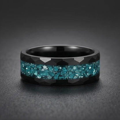 Aquamarine Ring, Hammered Black Tungsten Ring, Mens Wedding Band, Womens Wedding Ring, Anniversary Gift, Comfort Fit, 4mm Rin