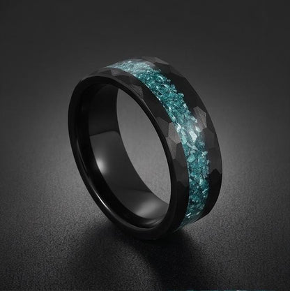Aquamarine Ring, Hammered Black Tungsten Ring, Mens Wedding Band, Womens Wedding Ring, Anniversary Gift, Comfort Fit, 4mm Rin