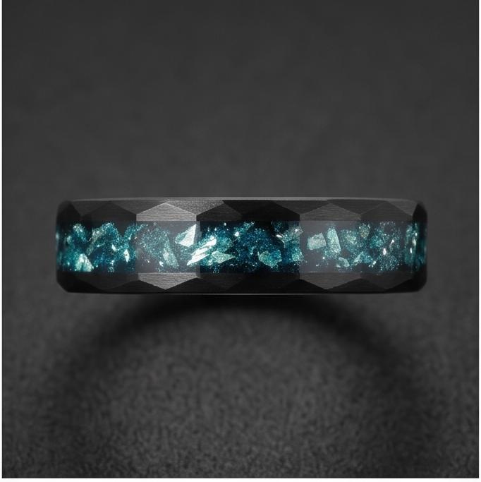 Black Tungsten Carbide Ring with Aquamarine - Hammered Aquamarine Jewelry ~ Aquamarine Wedding Band ~ Cool Festival Jewelry f