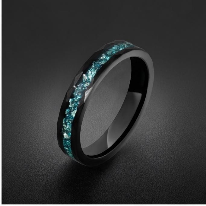 Black Tungsten Carbide Ring with Aquamarine - Hammered Aquamarine Jewelry ~ Aquamarine Wedding Band ~ Cool Festival Jewelry f