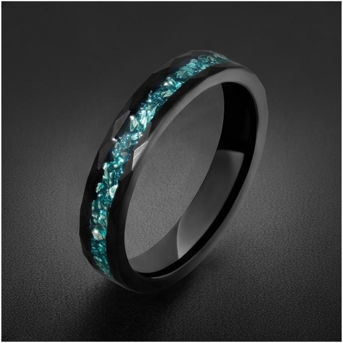 Black Tungsten Carbide Ring with Aquamarine - Hammered Aquamarine Jewelry ~ Aquamarine Wedding Band ~ Cool Festival Jewelry f