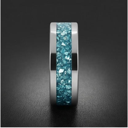 Silver Tungsten Ring with Aquamarine | Handcrafted Durable Wedding Band | Serene Blue Anniversary Birthday Gift for Everyday 