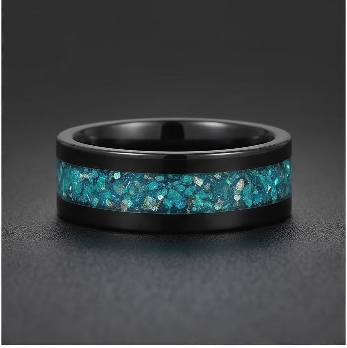 Aquamarine Ring, Black Tungsten Ring, Black Wedding Ring, Mens Wedding Band, Womens Ring, Anniversary Ring, Engagement Ring, 