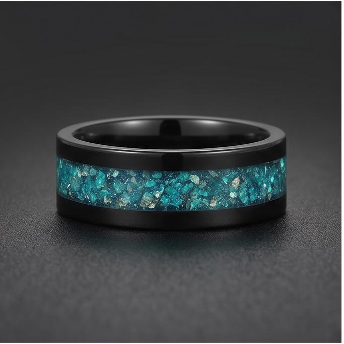 Aquamarine Ring, Black Tungsten Ring, Black Wedding Ring, Mens Wedding Band, Womens Ring, Anniversary Ring, Engagement Ring, 