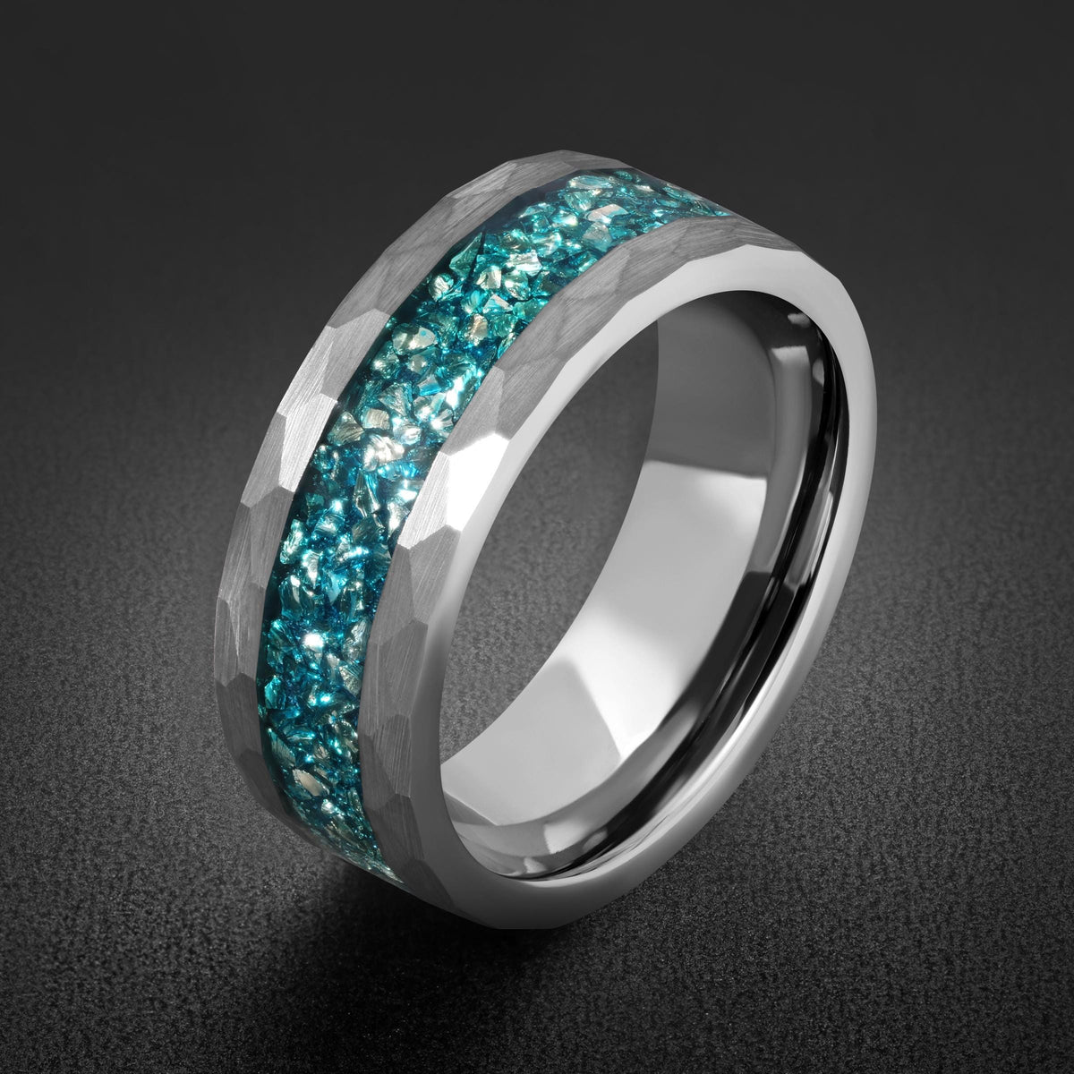 Hammered Brushed Silver Tungsten Ring with Aquamarine | Unisex Blue Gemstone Wedding Band ~ Durable Anniversary Jewelry for M