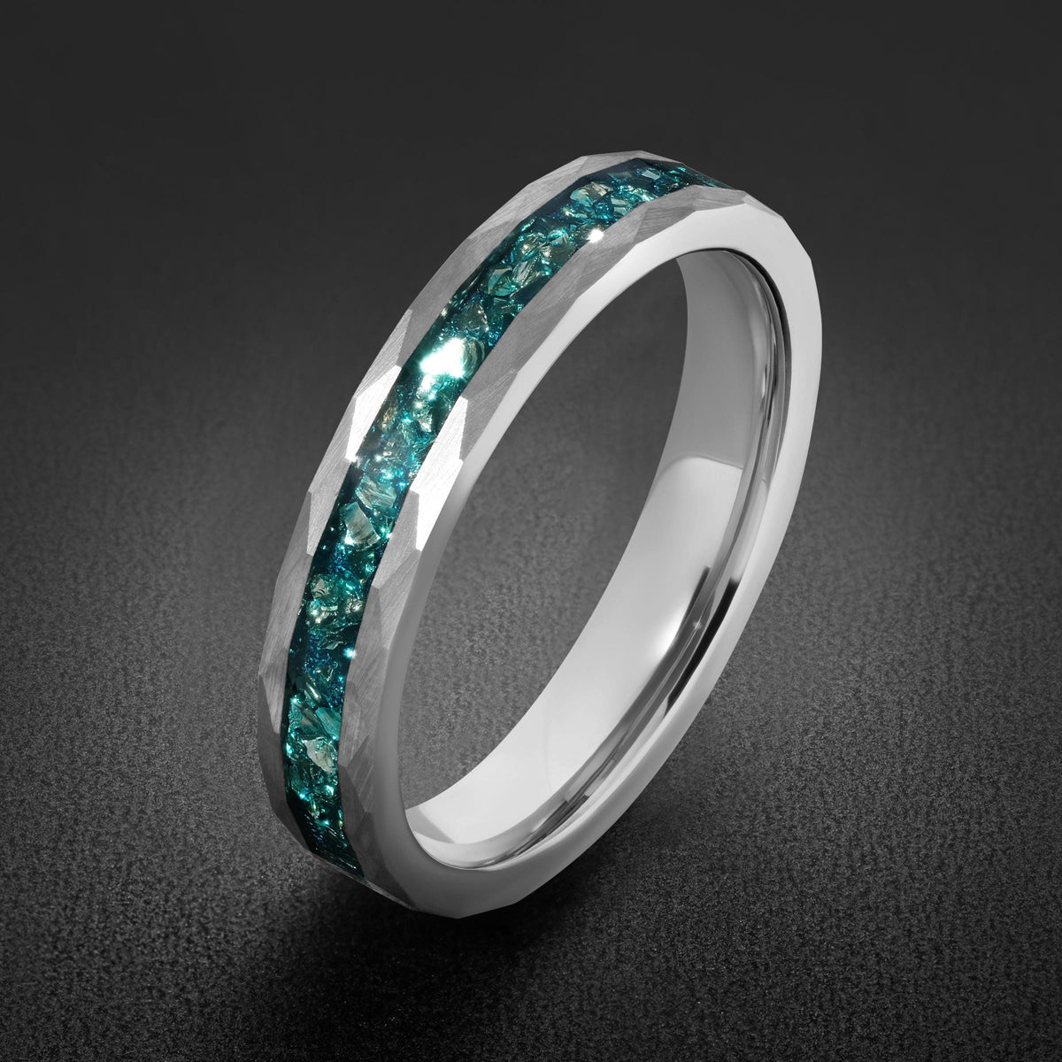 Hammered Brushed Silver Tungsten Ring with Aquamarine | Unisex Blue Gemstone Wedding Band ~ Durable Anniversary Jewelry for M
