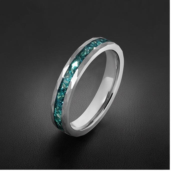 Hammered Brushed Silver Tungsten Ring with Aquamarine | Unisex Blue Gemstone Wedding Band ~ Durable Anniversary Jewelry for M