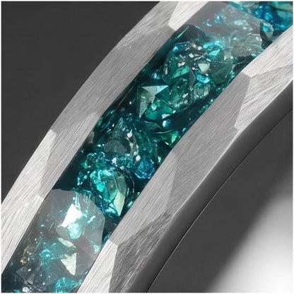 Hammered Brushed Silver Tungsten Ring with Aquamarine | Unisex Blue Gemstone Wedding Band ~ Durable Anniversary Jewelry for M