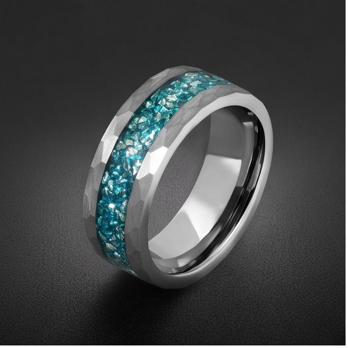 Hammered Brushed Silver Tungsten Ring with Aquamarine | Unisex Blue Gemstone Wedding Band ~ Durable Anniversary Jewelry for M