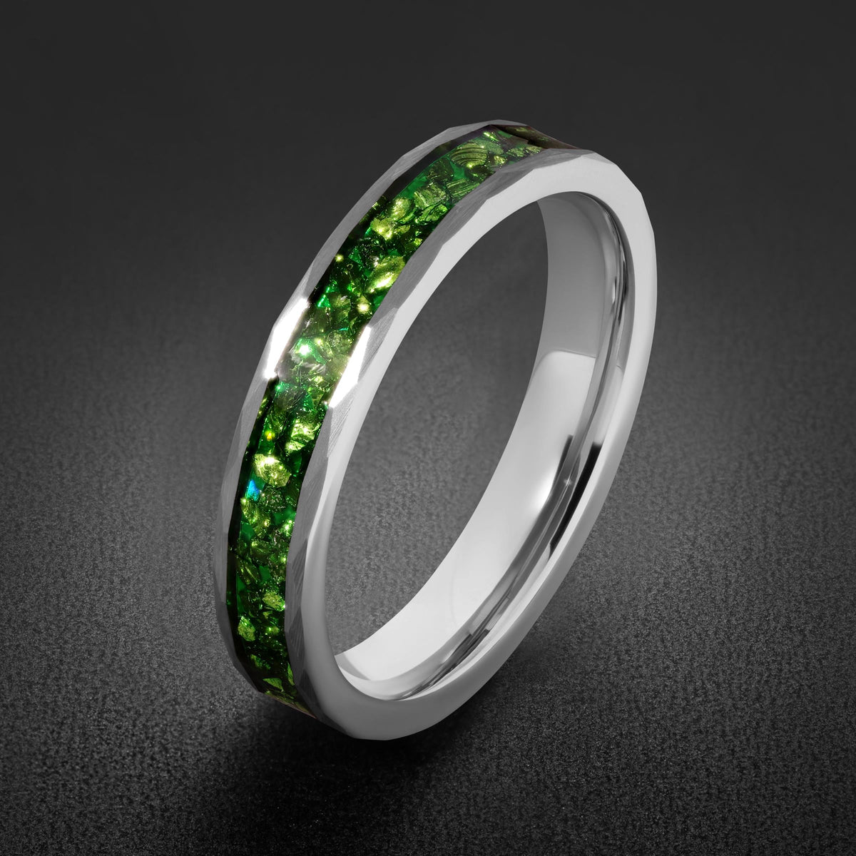 Emerald ring, hammered silver tungsten ring, mens wedding band, womens wedding ring, anniversary gift, comfort fit, 4mm ring,