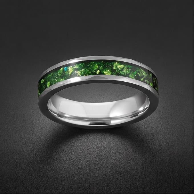 Emerald ring, hammered silver tungsten ring, mens wedding band, womens wedding ring, anniversary gift, comfort fit, 4mm ring,