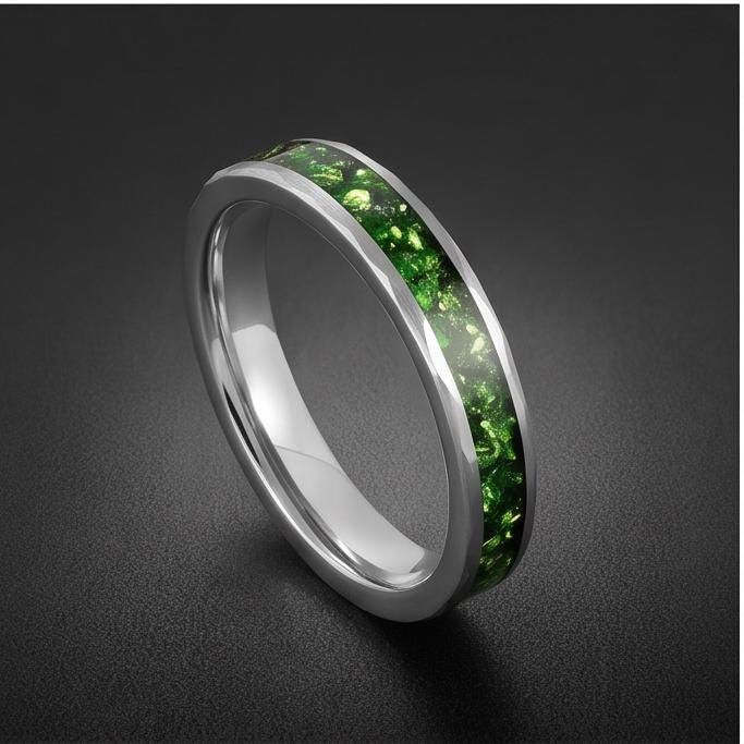 Emerald ring, hammered silver tungsten ring, mens wedding band, womens wedding ring, anniversary gift, comfort fit, 4mm ring,