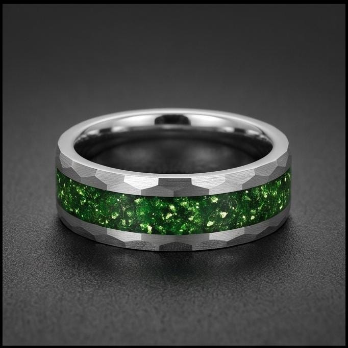 Emerald ring, hammered silver tungsten ring, mens wedding band, womens wedding ring, anniversary gift, comfort fit, 4mm ring,