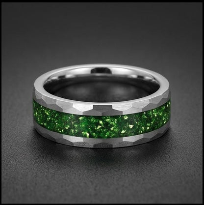 Emerald ring, hammered silver tungsten ring, mens wedding band, womens wedding ring, anniversary gift, comfort fit, 4mm ring,