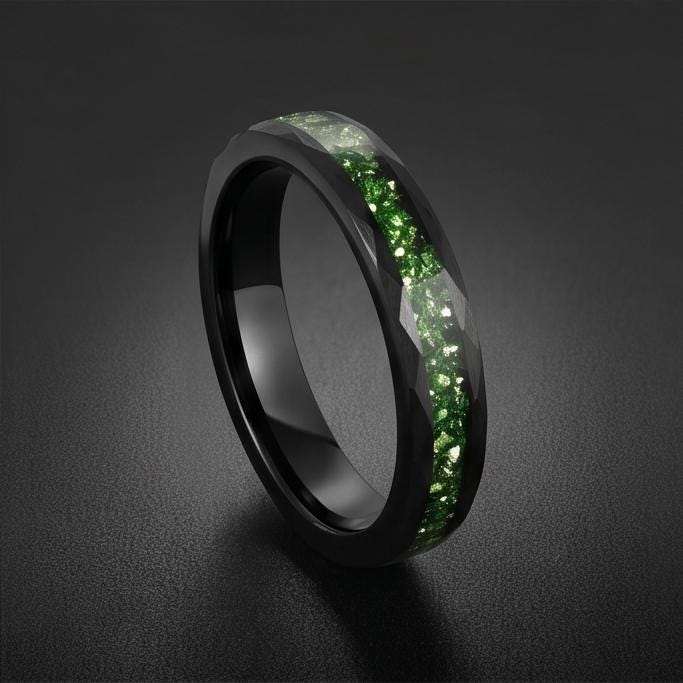 Emerald Ring, Hammered Black Tungsten Ring, Mens Wedding Band, Womens Wedding Ring, Anniversary Gift, Comfort Fit, 4mm, 8mm R