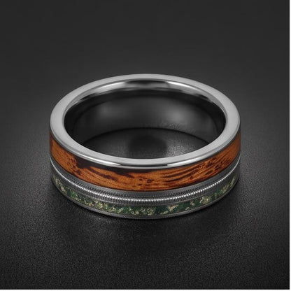 Men's Silver Tungsten Ring with Moss Agate | Whiskey Barrel Wood Guitar String Inlay ~ 8mm Wedding Band for Musician Gift