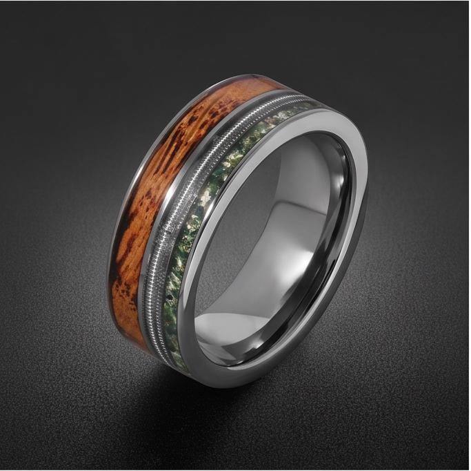 Men's Silver Tungsten Ring with Moss Agate | Whiskey Barrel Wood Guitar String Inlay ~ 8mm Wedding Band for Musician Gift