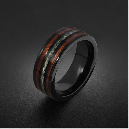 Men's Black Tungsten Ring with Moss Agate Koa Wood Inlay | 8mm Durable Men Wedding Band ~ Nature Inspired Gift for Him ~ 