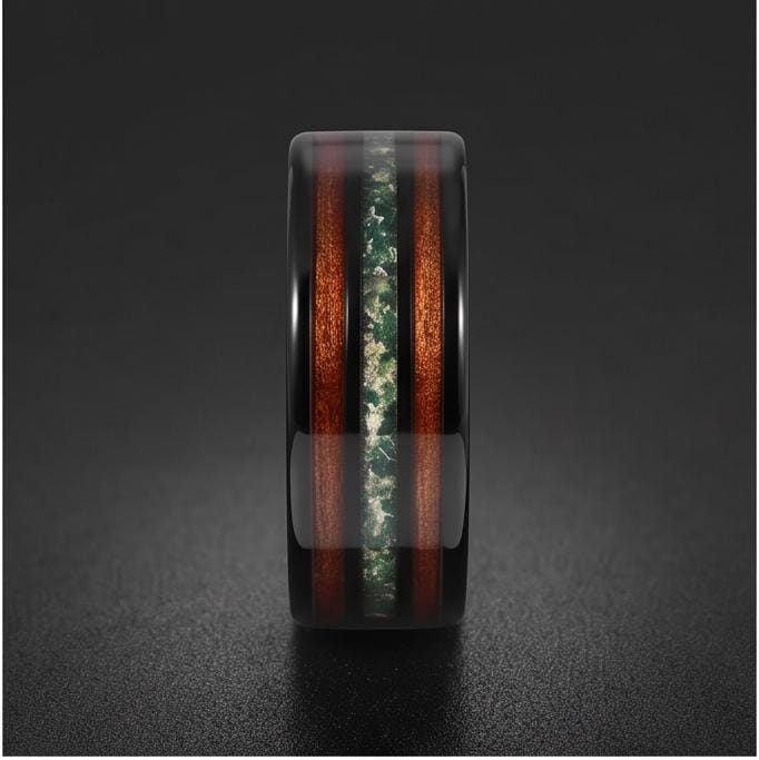 Men's Black Tungsten Ring with Moss Agate Koa Wood Inlay | 8mm Durable Men Wedding Band ~ Nature Inspired Gift for Him ~ 