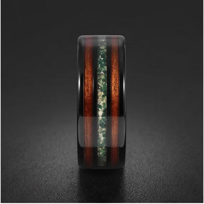 Men's Black Tungsten Ring with Moss Agate Koa Wood Inlay | 8mm Durable Men Wedding Band ~ Nature Inspired Gift for Him ~ 
