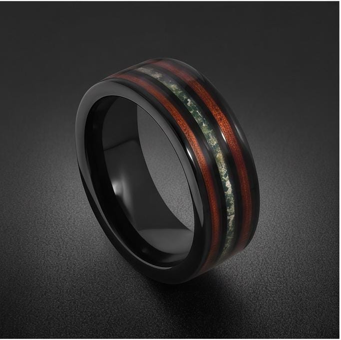 Men's Black Tungsten Ring with Moss Agate Koa Wood Inlay | 8mm Durable Men Wedding Band ~ Nature Inspired Gift for Him ~ 