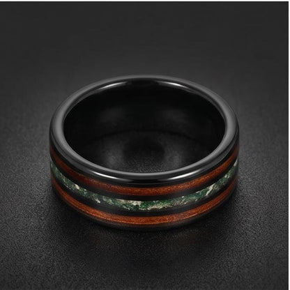 Men's Black Tungsten Ring with Moss Agate Koa Wood Inlay | 8mm Durable Men Wedding Band ~ Nature Inspired Gift for Him ~ 