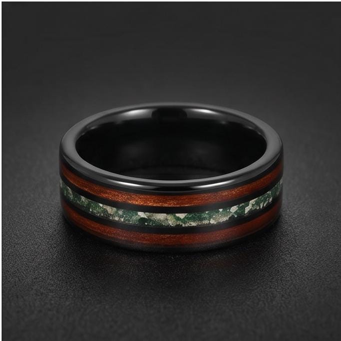 Men's Black Tungsten Ring with Moss Agate Koa Wood Inlay | 8mm Durable Men Wedding Band ~ Nature Inspired Gift for Him ~ 