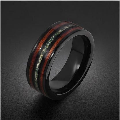 Men's Black Tungsten Ring with Moss Agate Koa Wood Inlay | 8mm Durable Men Wedding Band ~ Nature Inspired Gift for Him ~ 