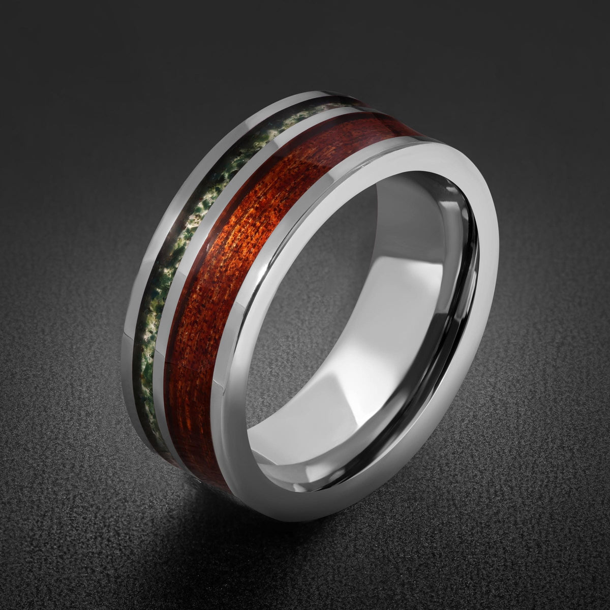 Men Silver Tungsten Carbide Ring with Moss Agate & Koa Wood ~ Anniversary Promise Gift for Him ~ Modern Burning Man Jewelry ~
